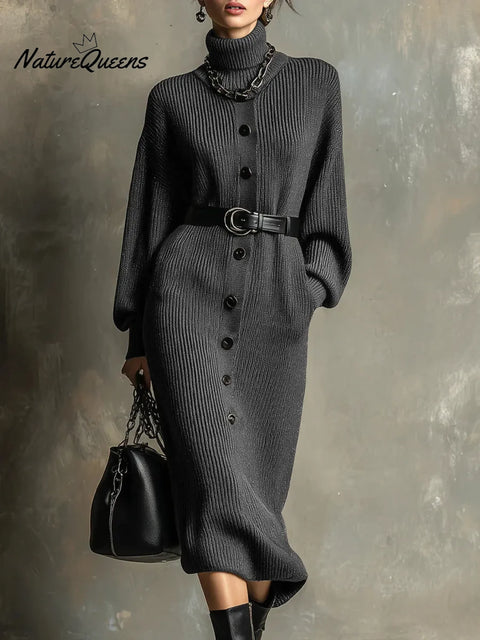 Women's Solid Color Turtleneck Long Sleeve Casual Loose Knit Dress