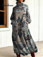 Women's Vintage Flower Art Print Casual Cotton Knitted Dress