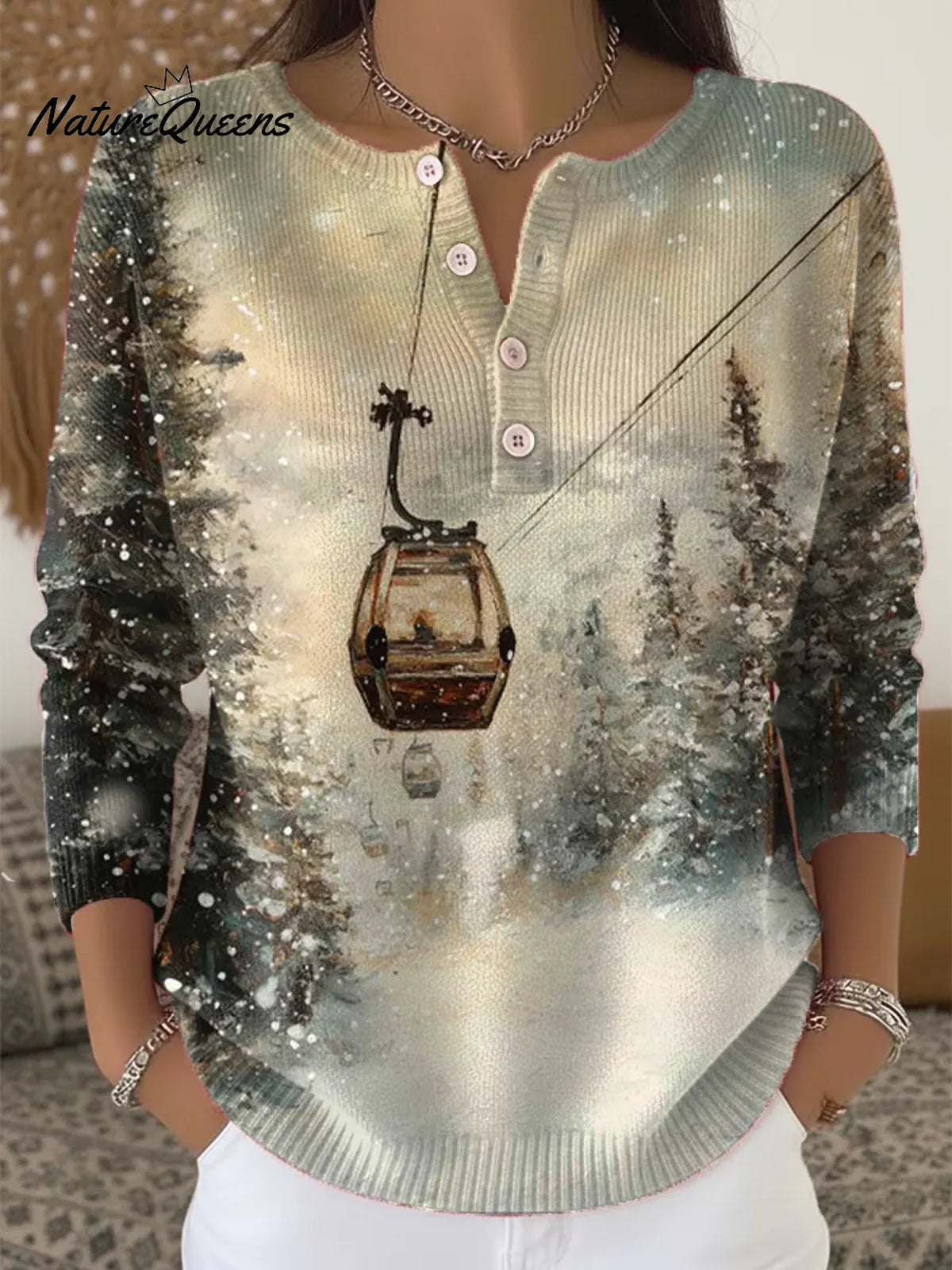 Women's Christmas Skiing Print Buttoned Cardigan Sweater