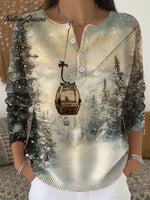 Women's Christmas Skiing Print Buttoned Cardigan Sweater