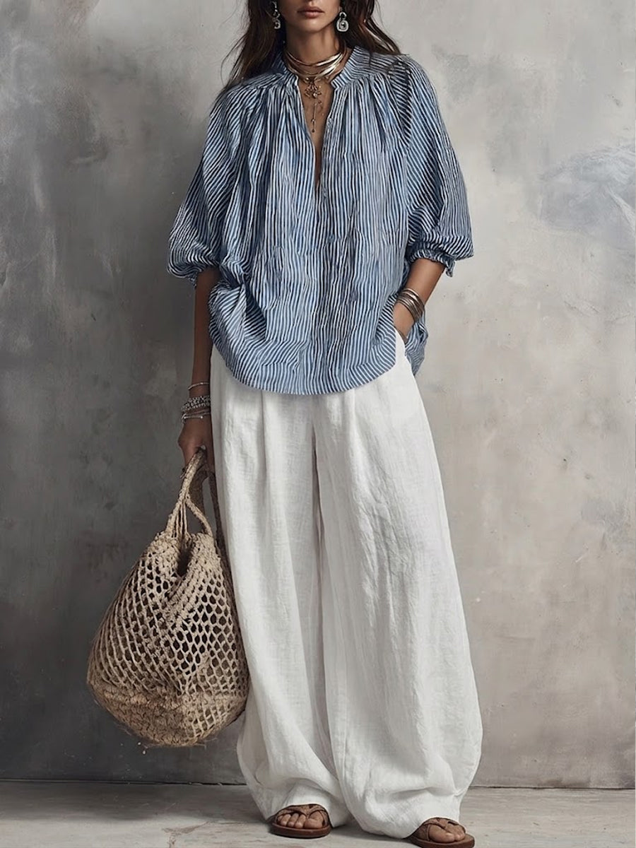 Women's Striped Top And Wide-leg Pants Cotton-linen Set
