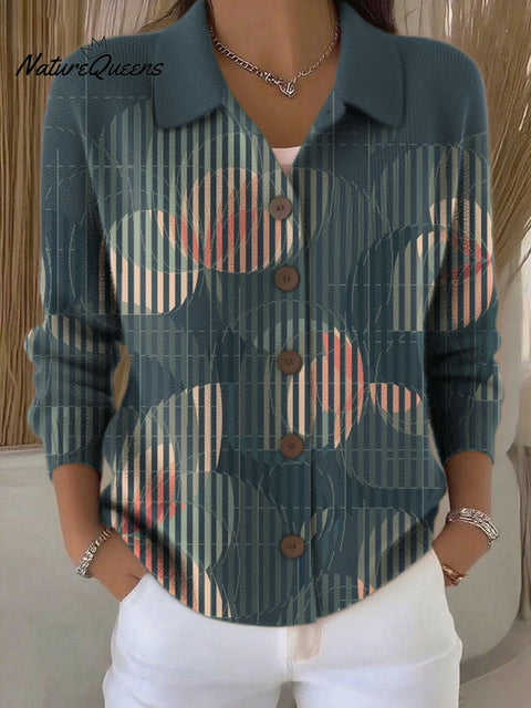 Women's Retro Patchwork Geometric Abstract Pattern Art Print Cowl Neck Sweater