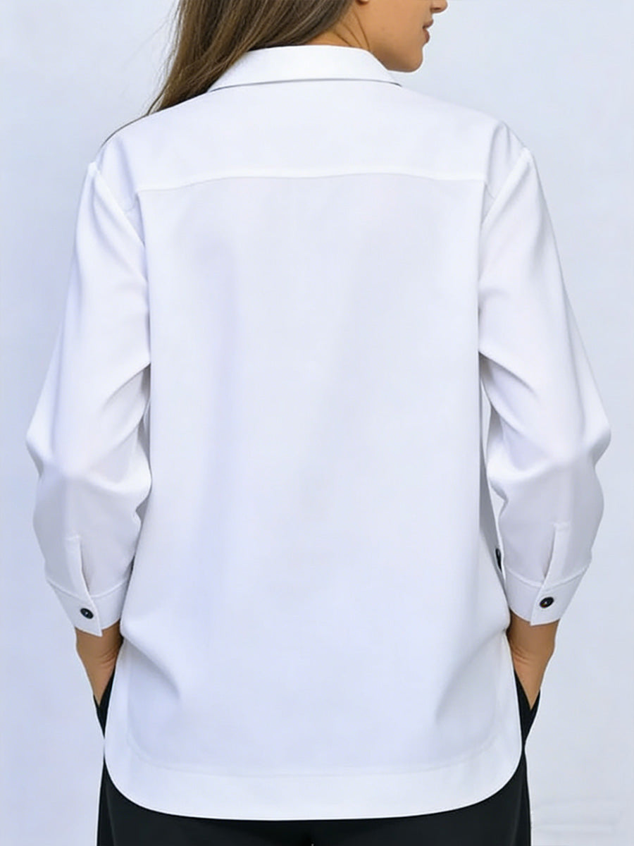 Women's Solid-color Lapel Long-sleeve Casual Loose Cotton-linen Top