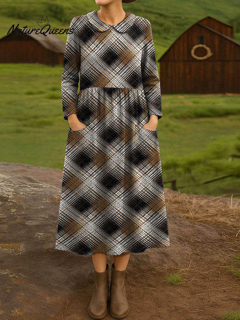 Diagonal Checkered Decorative Pattern Women's Casual Peter Pan Collar Long Sleeve Dress