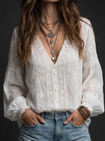 Women's V-Neck Long Sleeve Lace Shirt