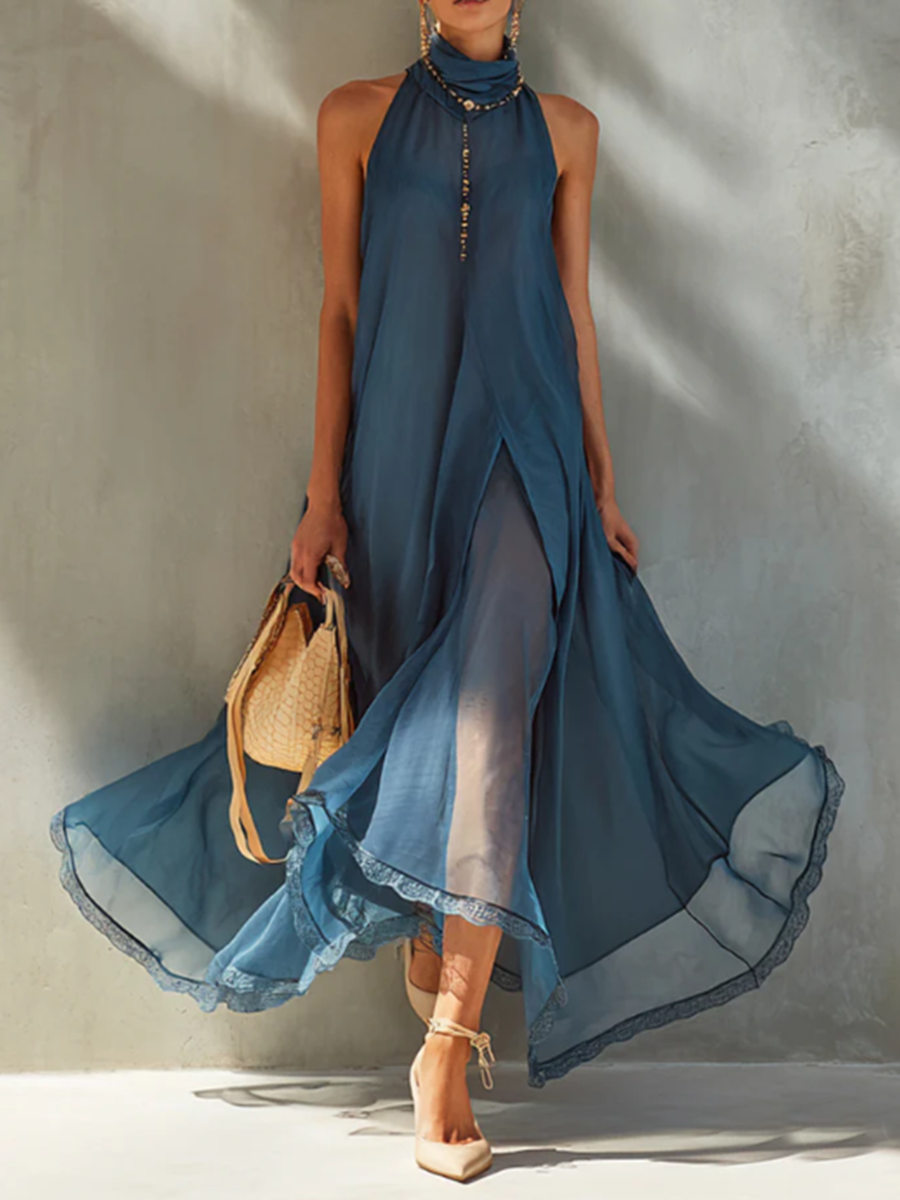 Elegant Vacation Party Mock-neck Chiffon Dress