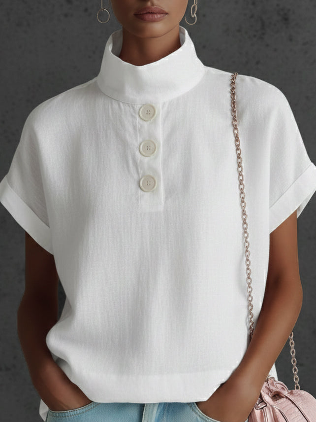 Elegant Cozy Stand-collar Button-down Linen Blouse