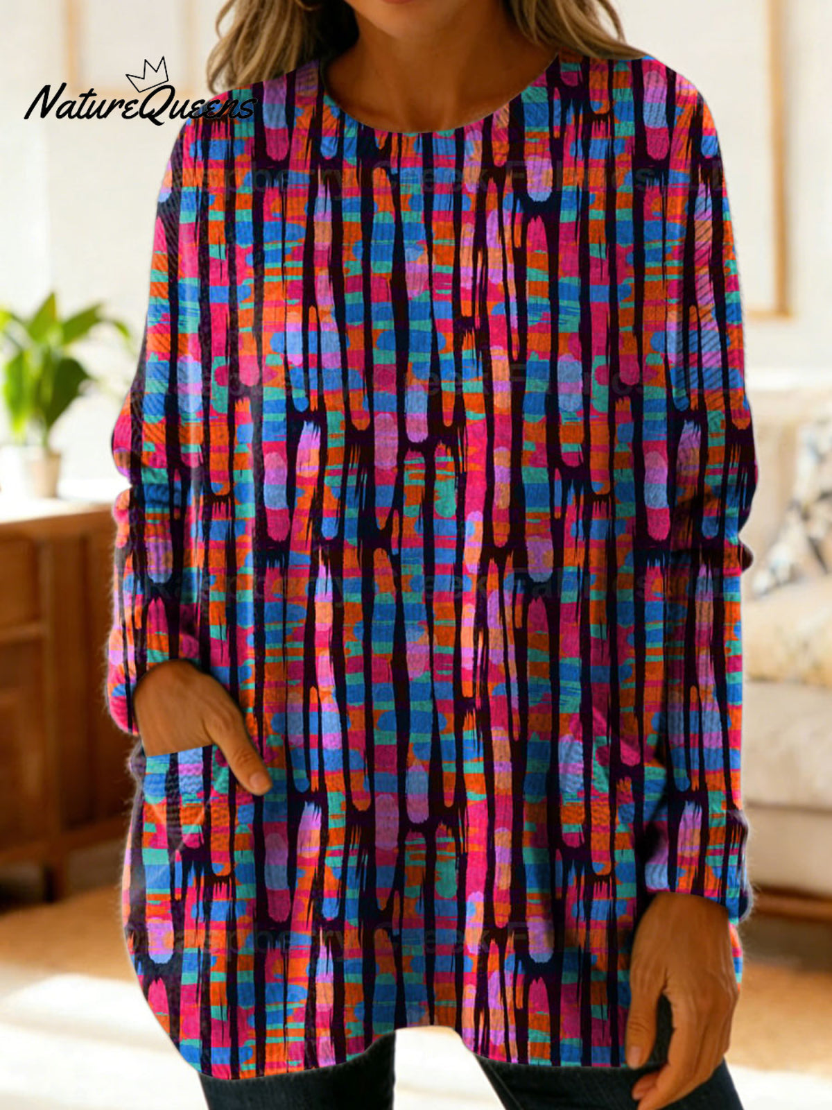 Women's Retro Abstract Pattern Art Print Casual Cotton Knitted Sweater