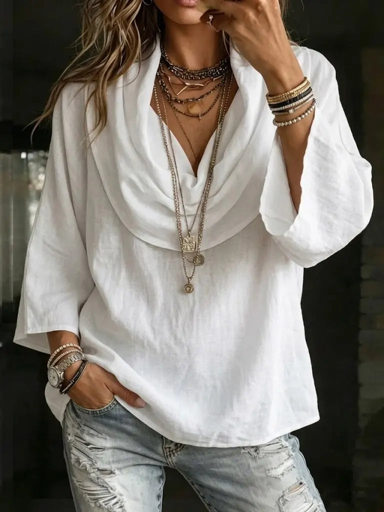 Women's Casual Linen Blouse Cowl Neck Loose Fit Long Sleeve Shirts Tops