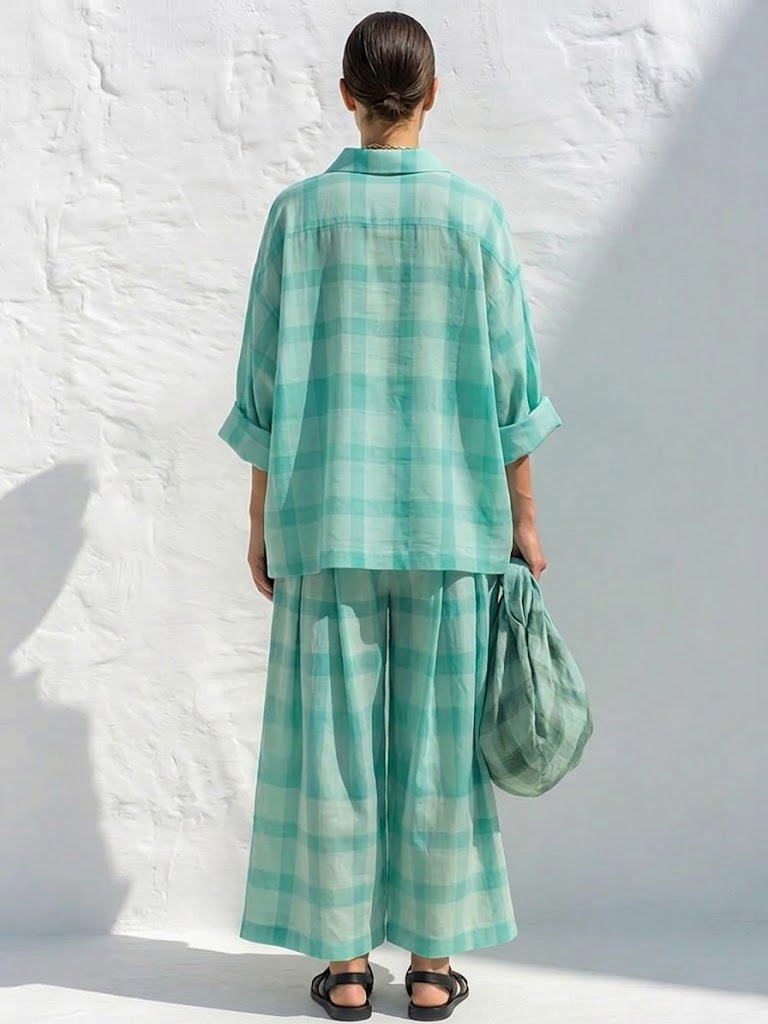 Loose-fit Casual Plaid Linen & Cotton Shirt And Wide-leg Pants Two-piece Set