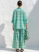 Loose-fit Casual Plaid Linen & Cotton Shirt And Wide-leg Pants Two-piece Set