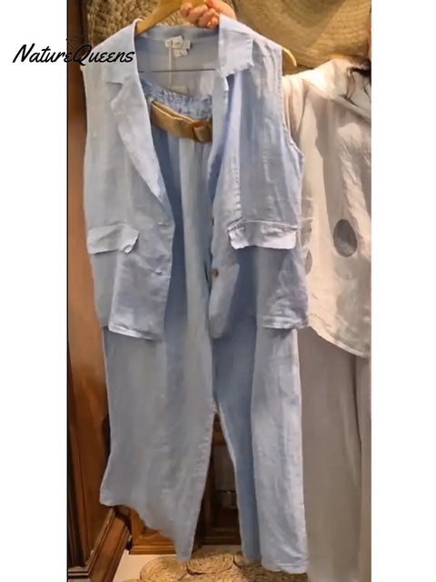 Women's Casual Linen And Cotton Vest And Trousers Two-piece Set