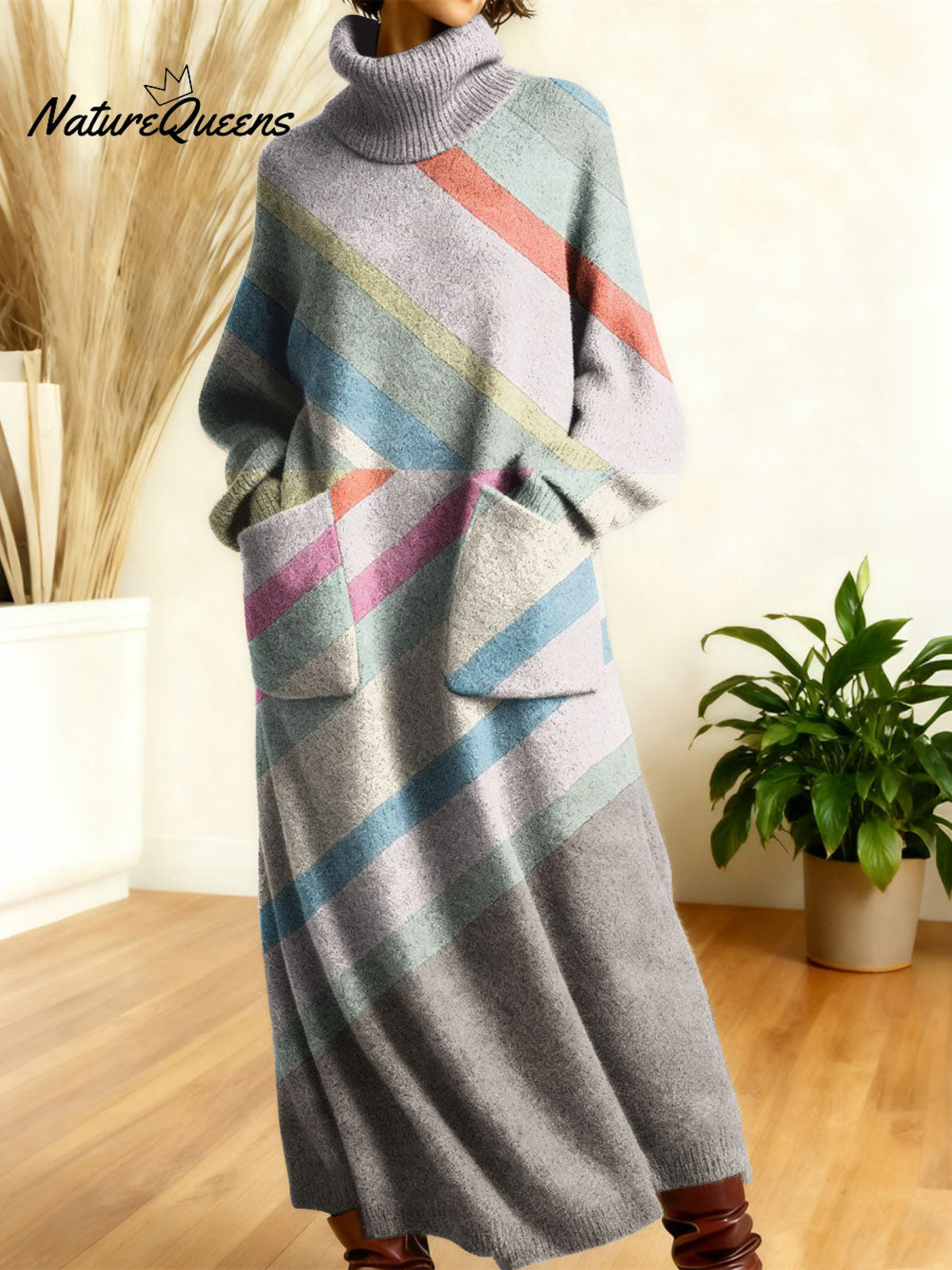 Women's Retro Geometric Patchwork High-neck Long-sleeve Casual Loose Knit Dress