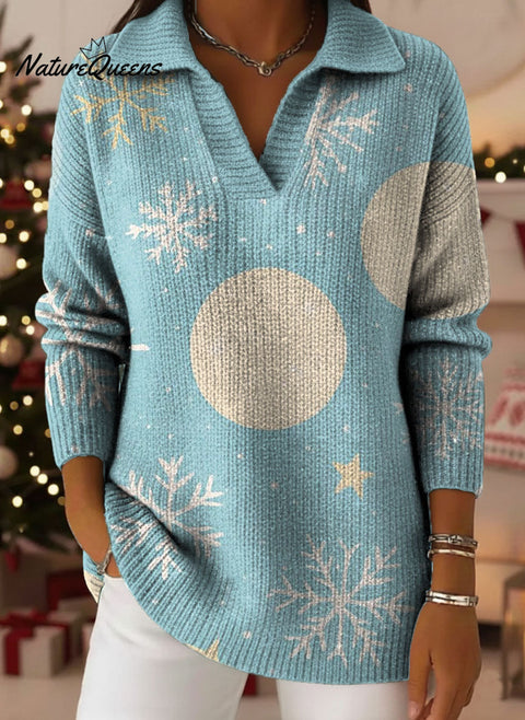 Retro Christmas Snowflake Art Pattern Polo Collar Shiny Loose Sweater Top