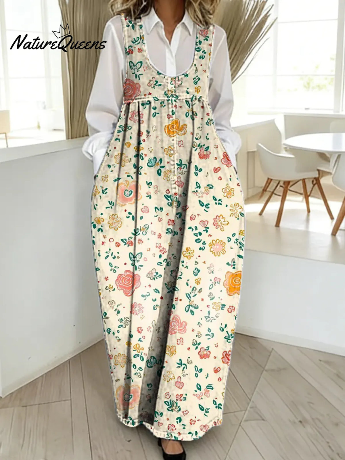 Women's Floral Pattern Art Print Casual Cotton Denim Dress