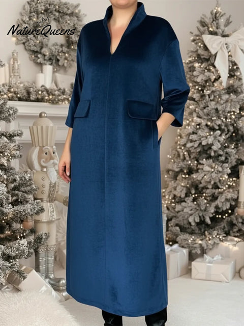Retro Elegant Stand-up Collar Pocket Velvet Dress