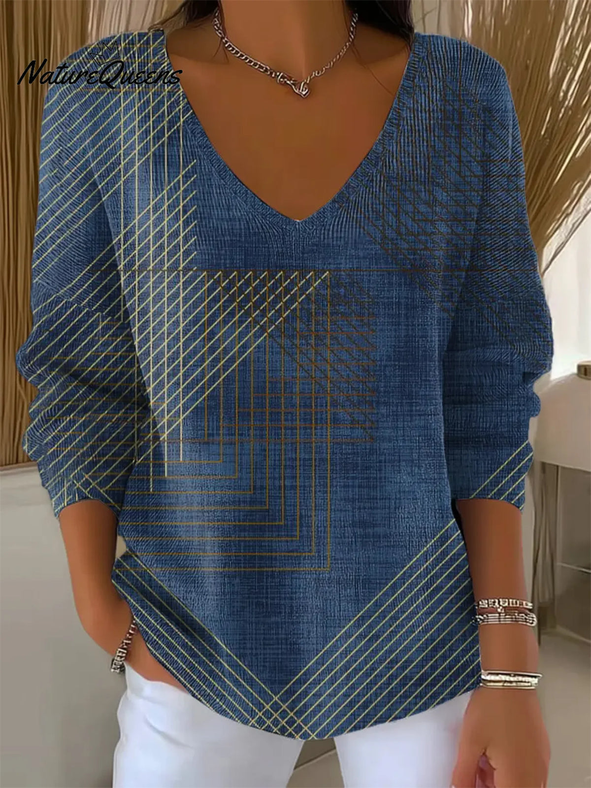 Women's Vintage Abstract GeometryArt Print V-neckLooseSweater