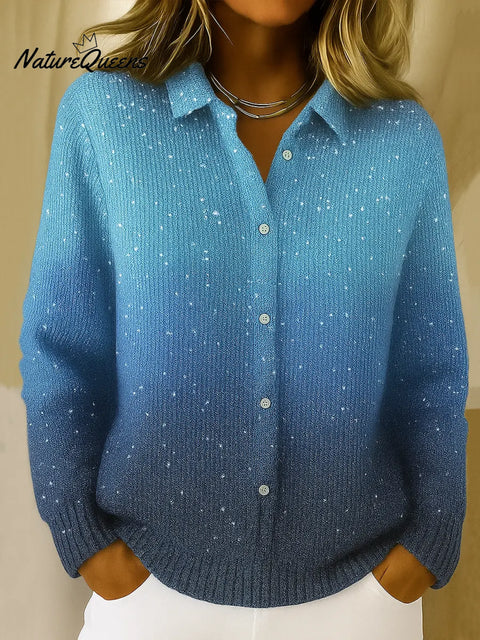 Women's Gradient Print Collared Long Sleeve Casual Loose Sequined Knit Cardigan