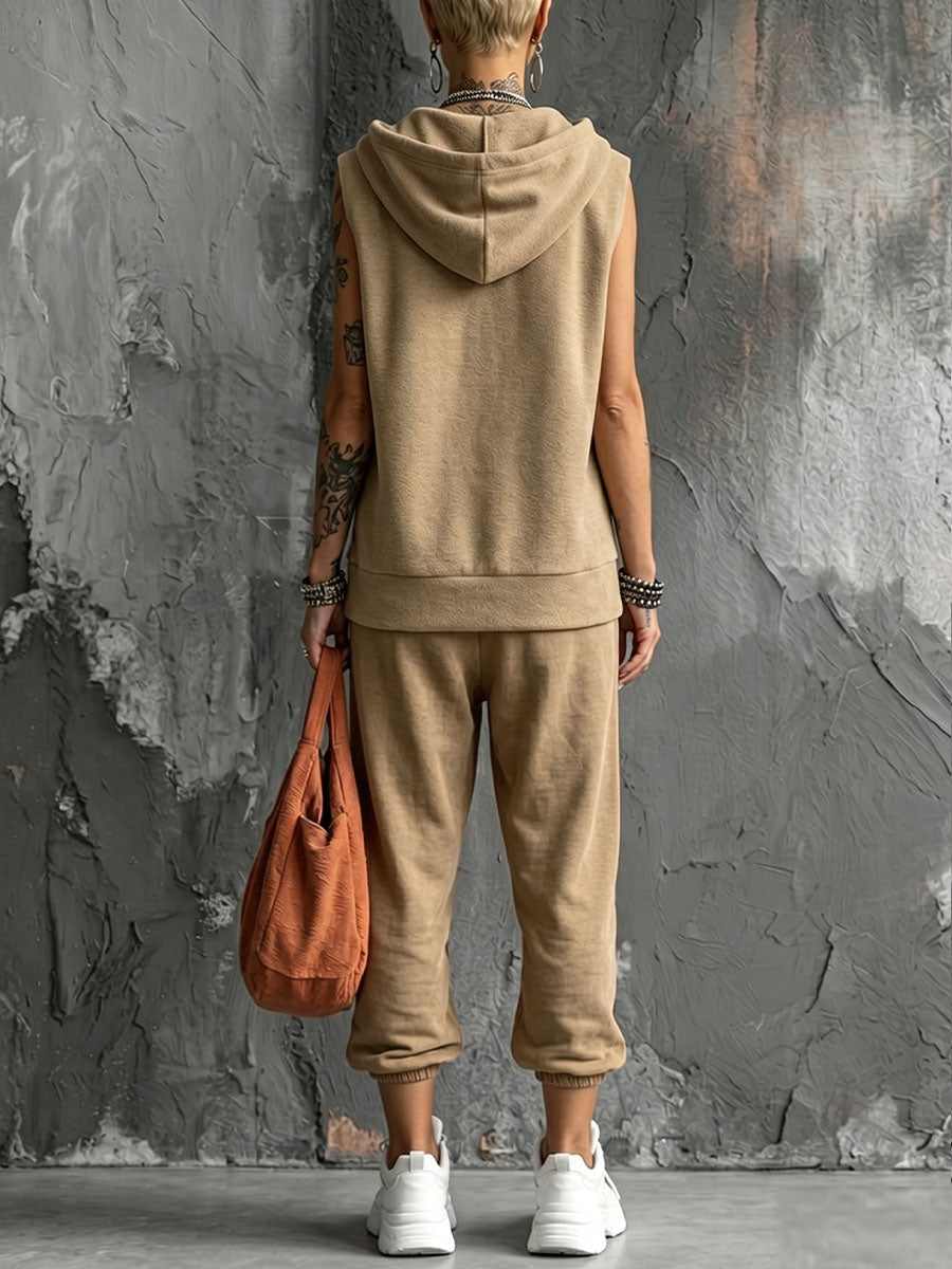 Women's V-neck Sleeveless Sports Hooded Top And Cropped Tapered Pants Two-piece Set
