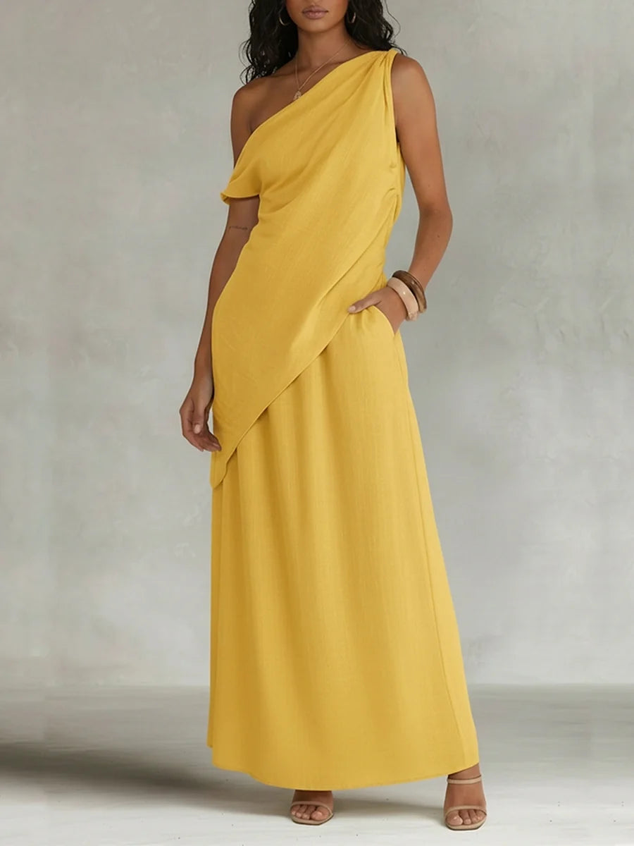 Stylish Off-shoulder Linen & Cotton Top And Skirt Two-piece Set