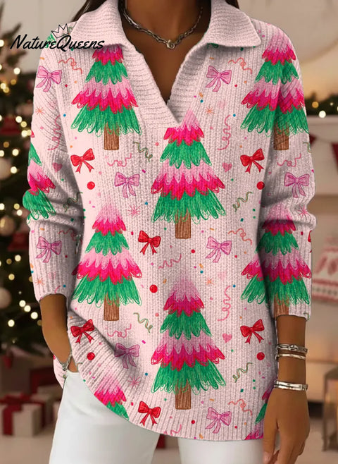 Women's Christmas Tree Pattern Art Print Casual Cotton Sweater