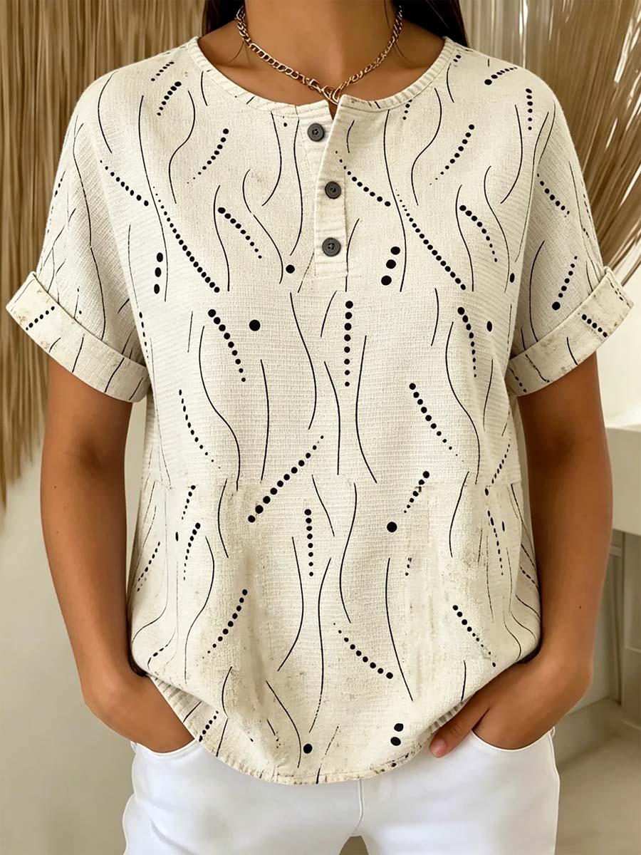 Women's Abstract Art Print Casual Short Sleeve Cotton Linen Shirt