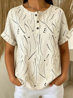 Women's Abstract Art Print Casual Short Sleeve Cotton Linen Shirt