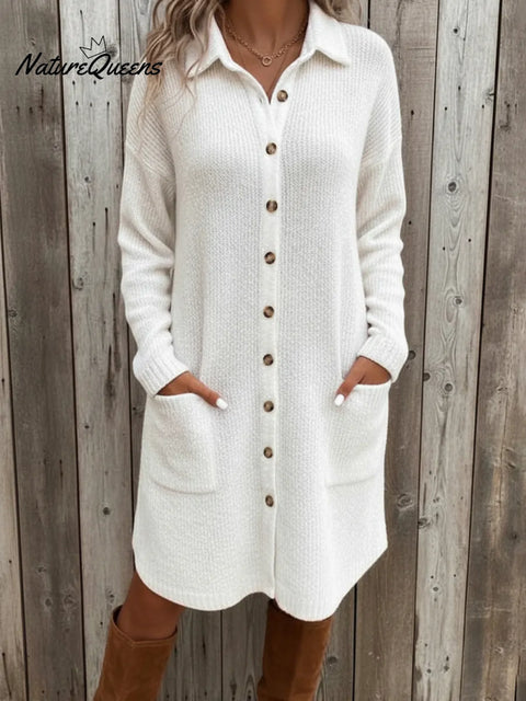 Women's Casual Pocket Knit Midi Shirt Dress