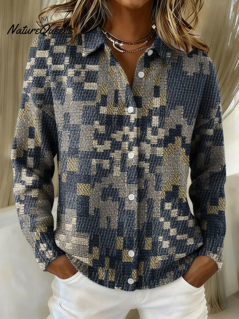 Geometric Block Decorative Patterns Casual Shirt Collar Long Sleeve Sweater