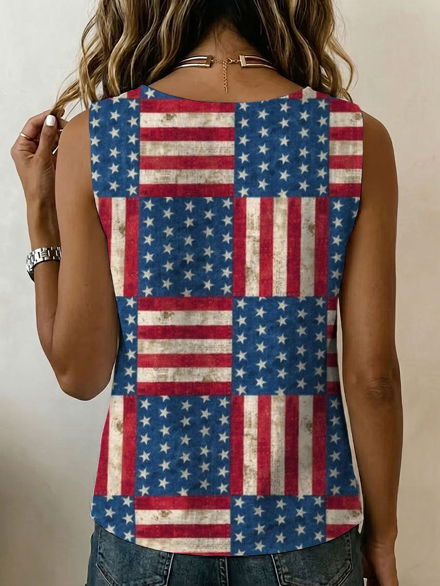 American Independence Day Stars And Stripes Decorative Pattern Women's No Sleeve Cotton Shirt