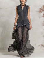 Women's Retro Lapel Denim Chiffon Patchwork Art Casual Long Dress