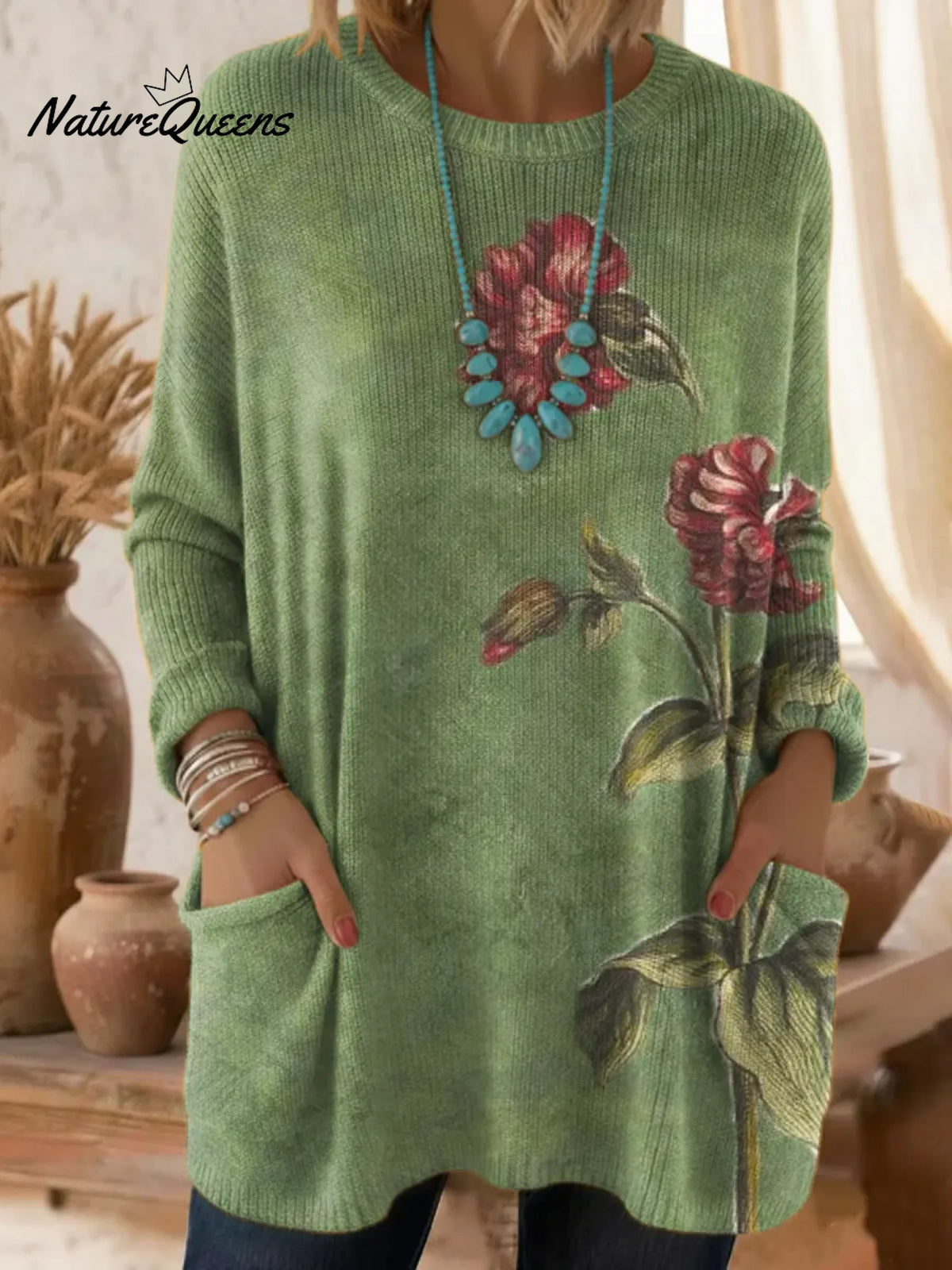 Women's Floral Pattern Art Print Casual Cotton Knitted Sweater