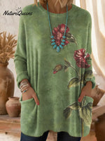 Women's Floral Pattern Art Print Casual Cotton Knitted Sweater