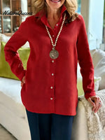 Women's Solid Color Lapel Long-sleeved Casual Loose Cotton Shirt