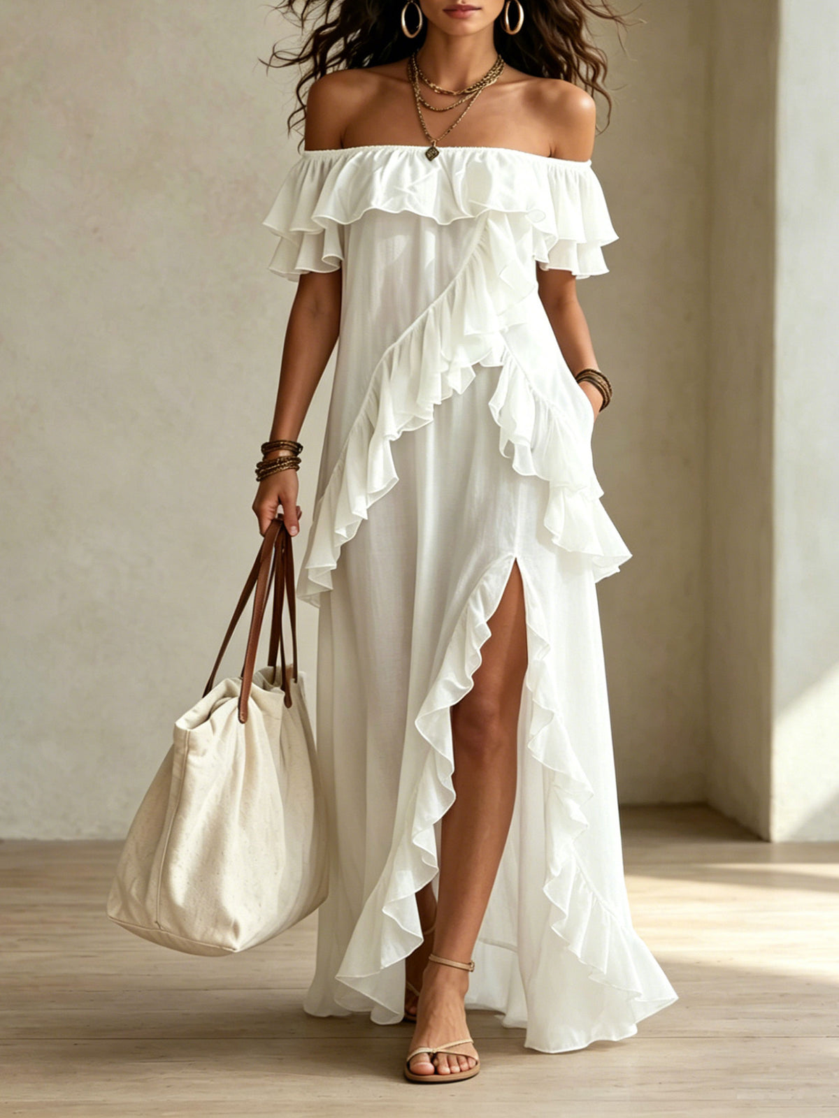 Women’s Elegant Romantic Vocation Off-shoulder Ruffle With Side Slit Maxi Dress