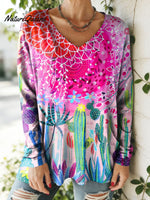 Women's Lovely Floral Flowers Pattern Art Print V-neck Casual Cotton T-shirt