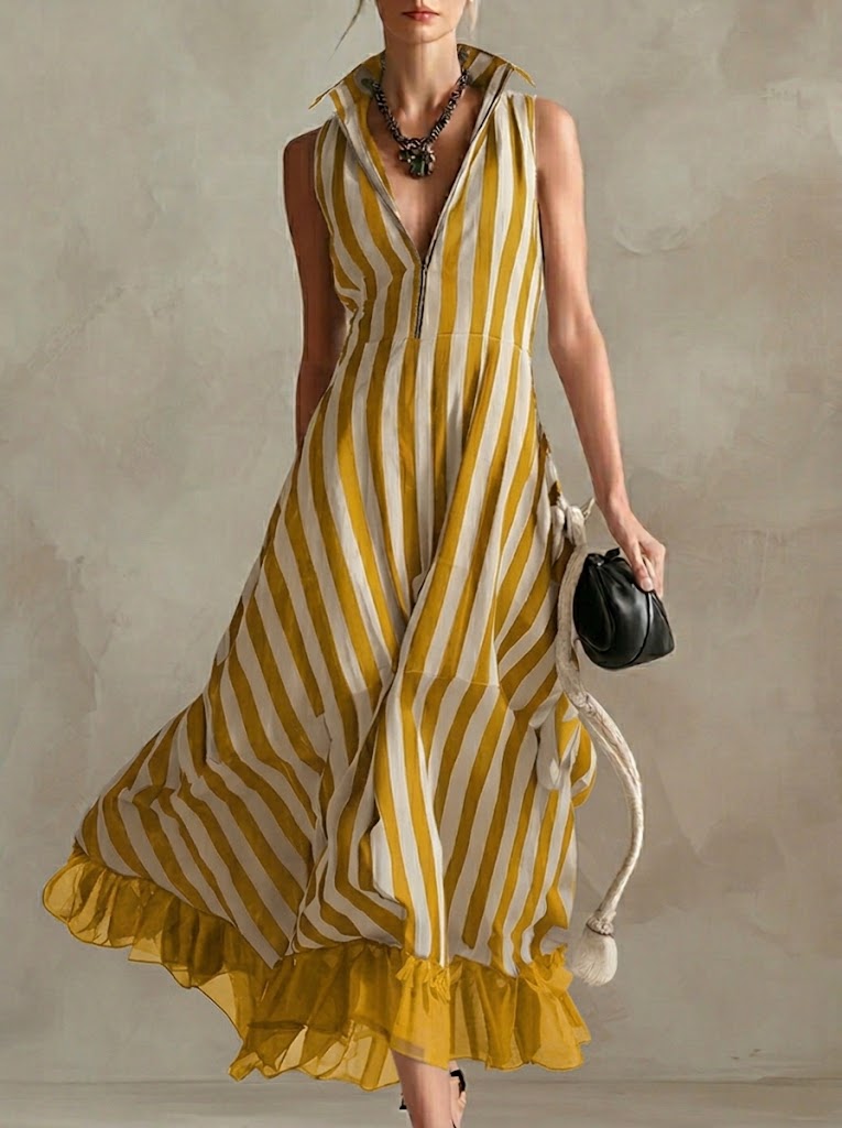 Fashionable Striped Chiffon Patchwork Sleeveless Linen Cotton Dress