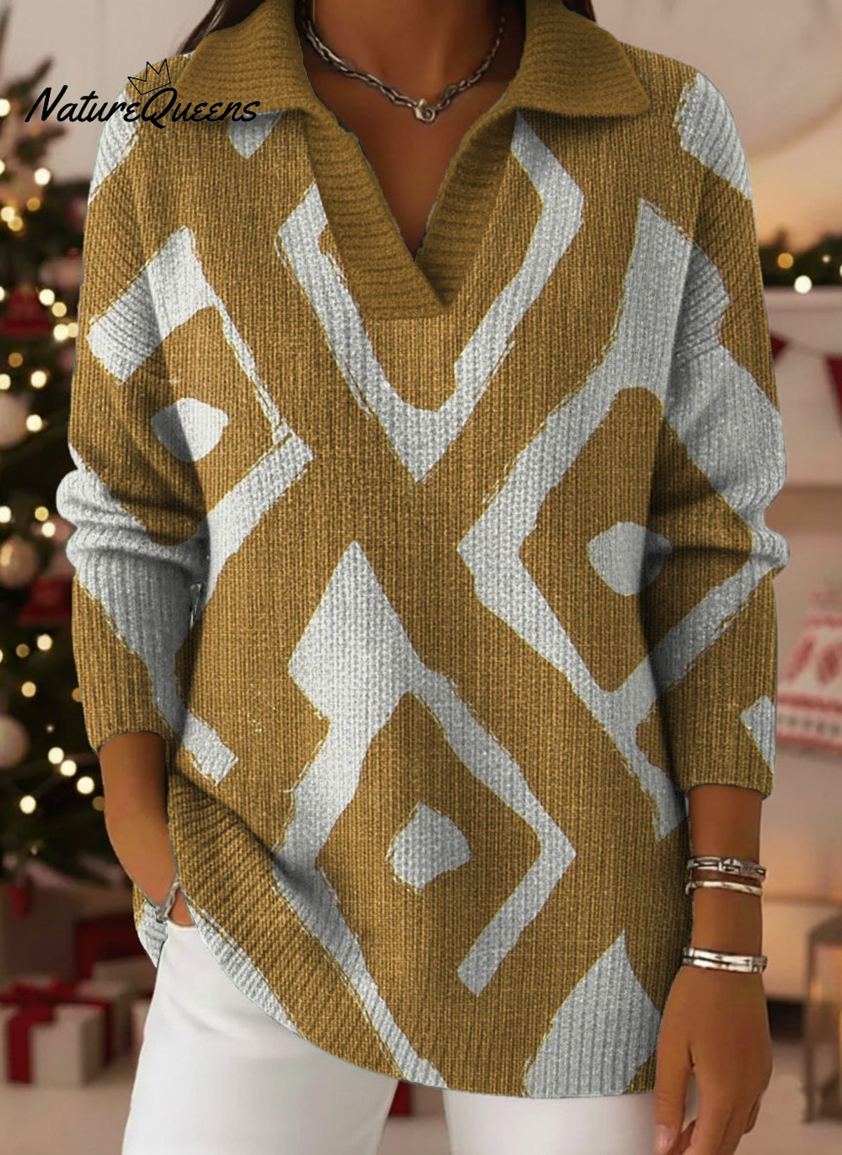 Exotic Geometric Decorative Patterns Women's Casual Shirt Collar Long Sleeve Sweater