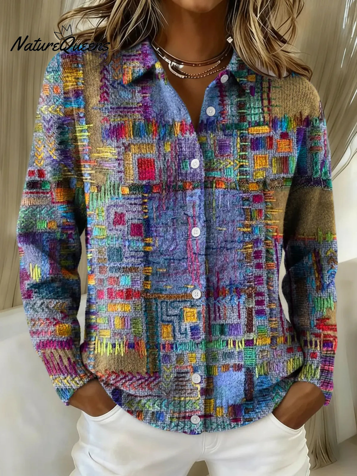 Women's Abstract Art Printed Collared Sweater