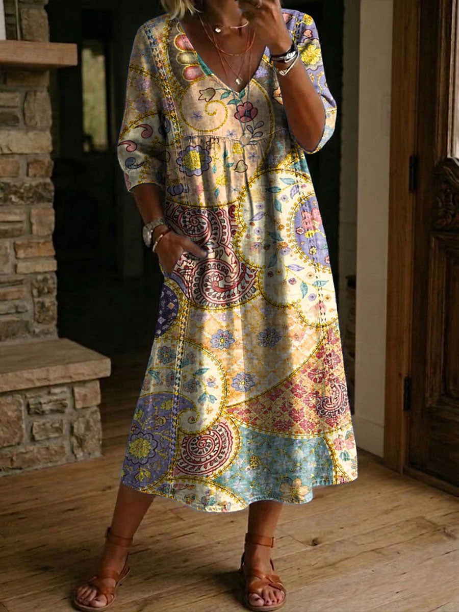 Women's Flower Print Casual Loose-fit Cotton-linen Dress With Lace Trim And Paneling