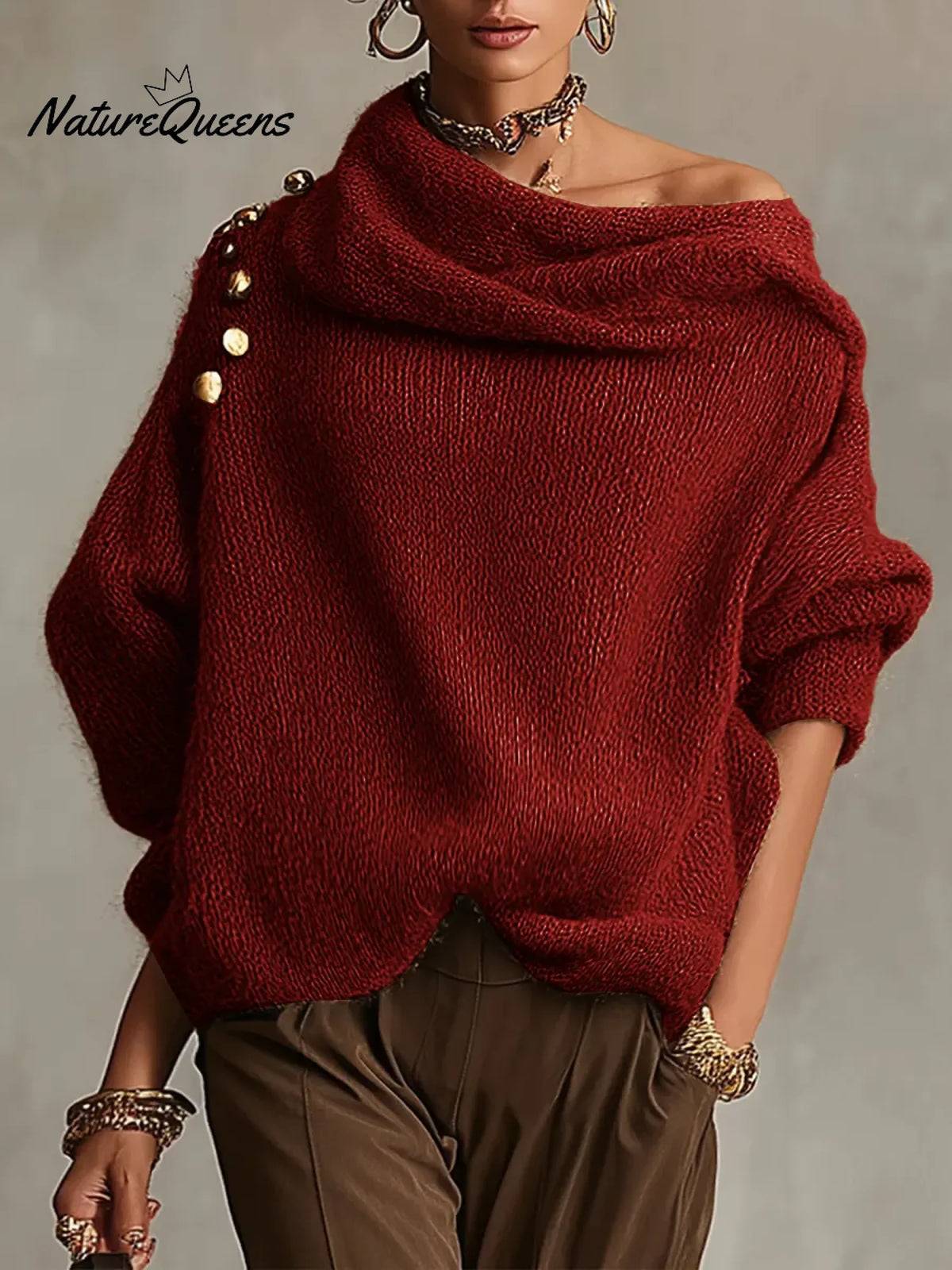 Women's Solid Color Off-the-shoulder Long-sleeved Casual Loose-fitting Knitted Sweater