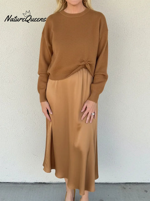 Elegant Party Solid Color Sweater Dress Two-Piece Set