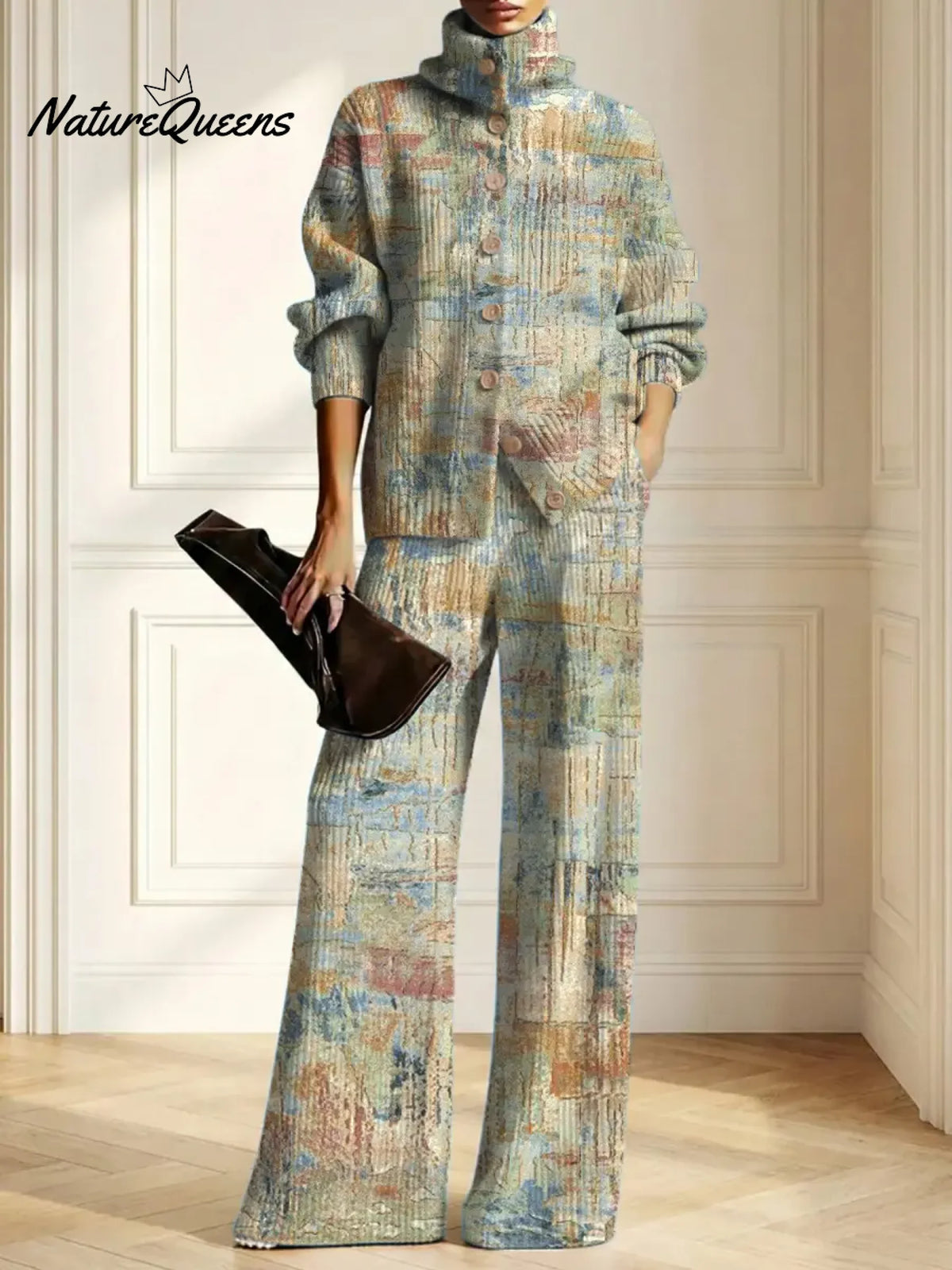 Women's Abstract Pattern Art Print Casual Cotton Knitted Suits