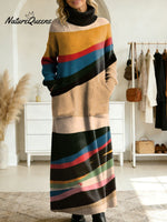 Women's Retro Abstract Geometric Colorful Splicing Patterns Art High-neck Long-sleeve Casual Loose Knit Dress