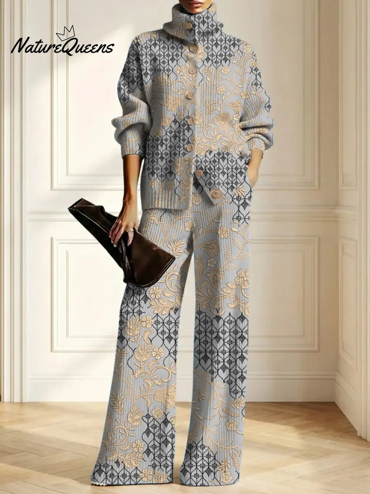 Women's Vintage Pattern Art Print Casual Cotton Knitted Suits