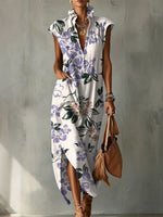 Vintage-style Elegant Floral Motif Women's Bud Collar Linen Cotton Dress