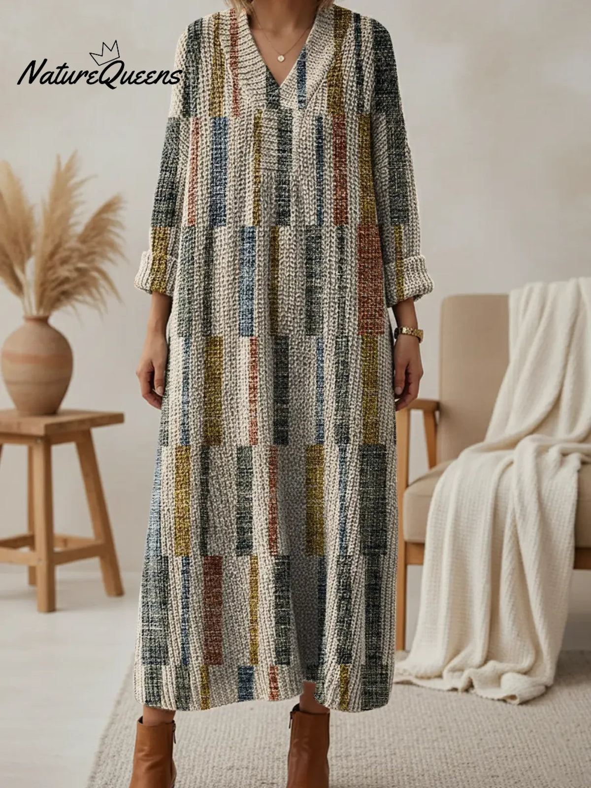 Women's Retro Stripes V-neck Knit Dress