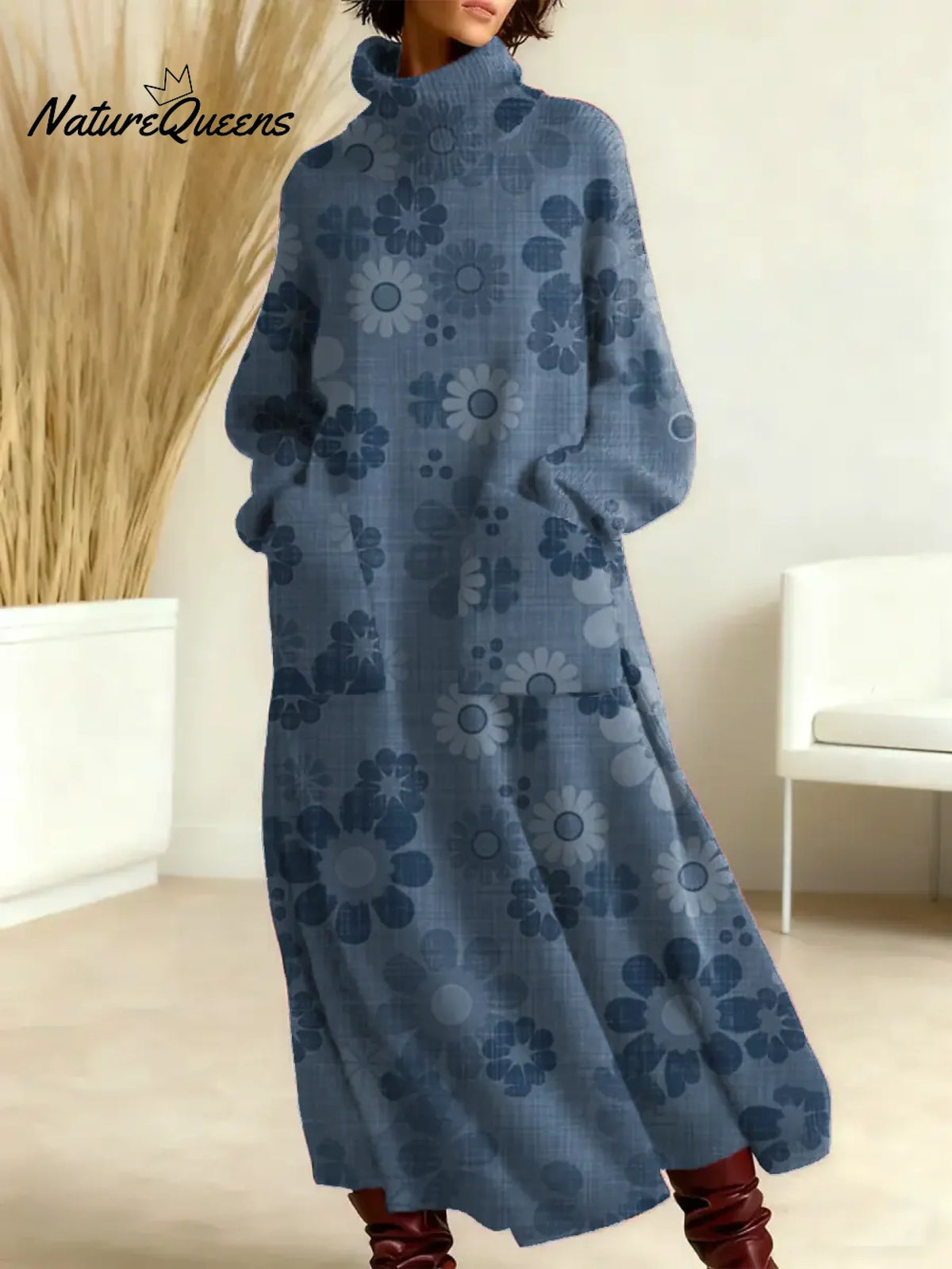 Women's Vintage Flower Art Print Casual Cotton Knitted Dress