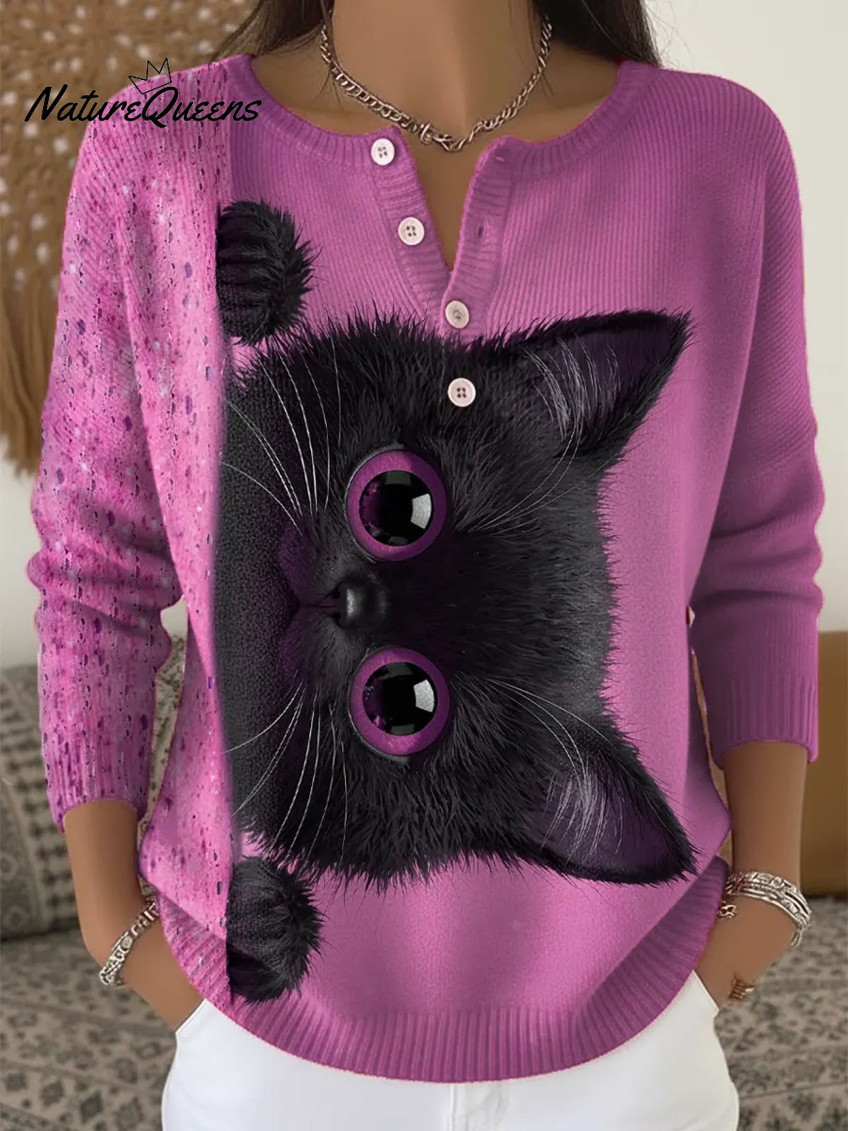 Women's Funny Cat Pattern Art Print Casual Cardigan Sweater