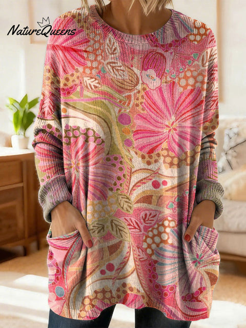 Women's Retro Floral Flower Ethnic Art Print Casual Cotton Knitted Sweater